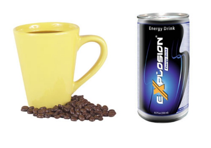 Yellow Coffee Mug w/ Scattered Coffee Beans by the Base of Mug w/ Explosion Energy Drink Can | Why Can't Mormons Have Coffee