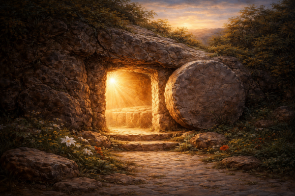 What does the “rolling away of the stone” symbolize?